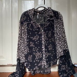 floral, sheer, button up, collard blouse